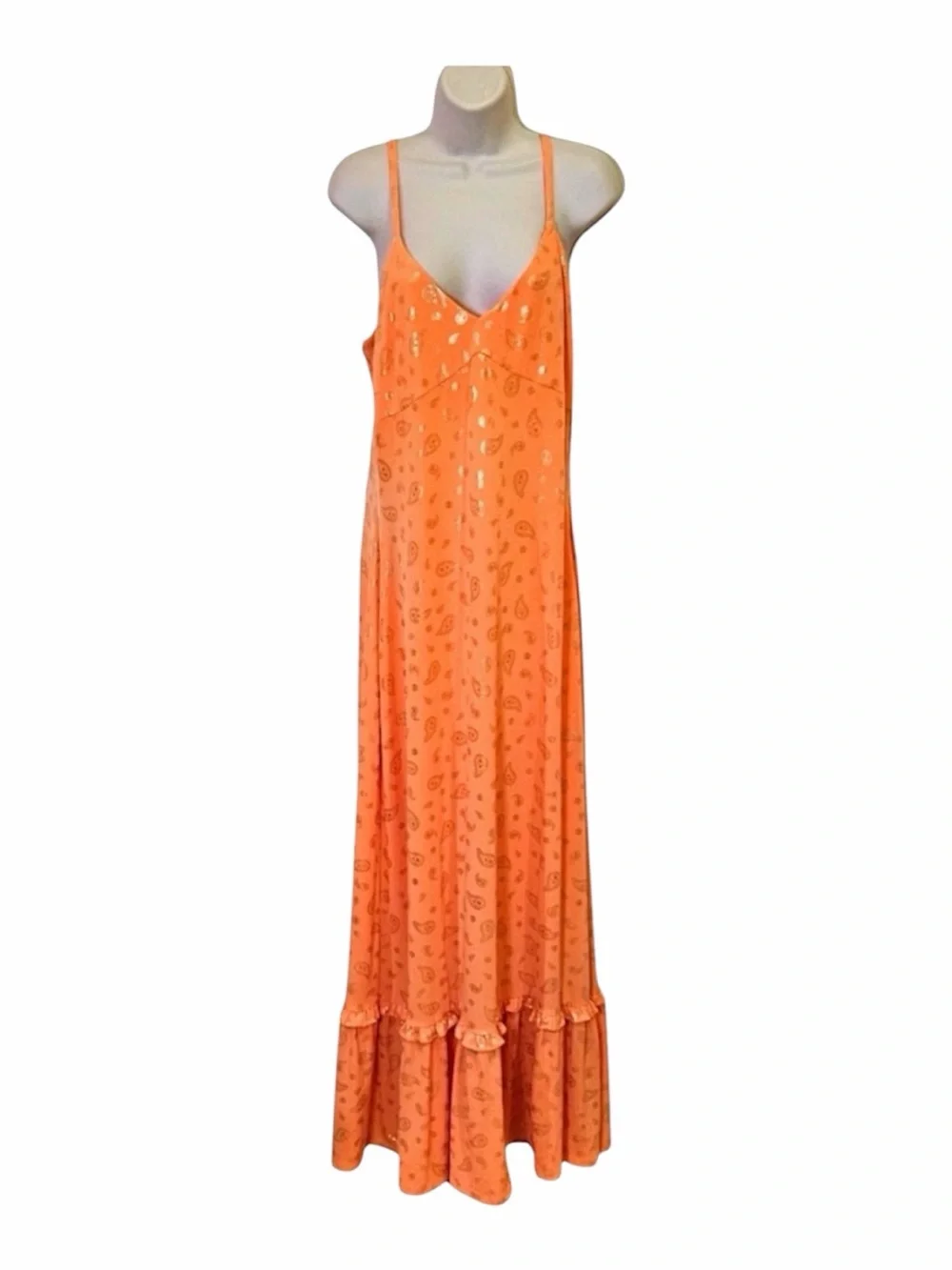 Michael Kors Orange Metallic Paisley Maxi Dress with Ruffle Hem Small